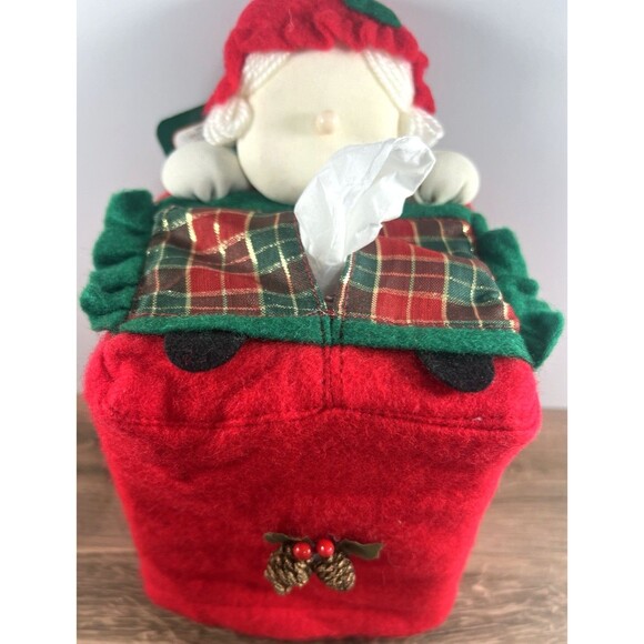 Other - Vintage Sleeping Mrs Claus Tissue Box Cover Red Plaid Holly Leaves